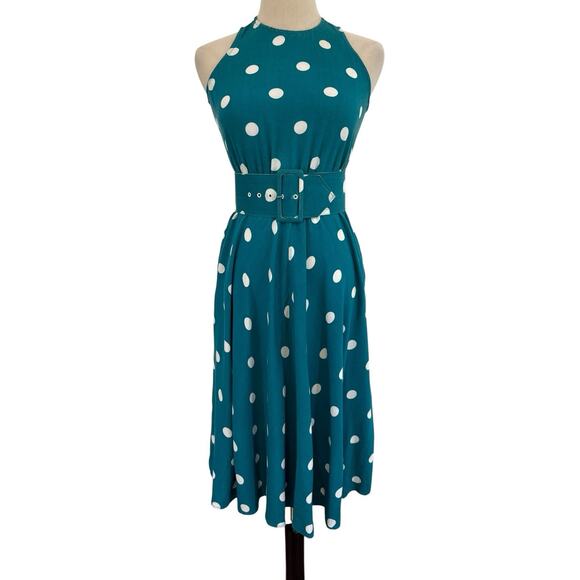 Vtg 80s Brooks Atelier NY Teal Polka Dot Dress W/ Belt Halter Neck Xs Old Money - Picture 1 of 11